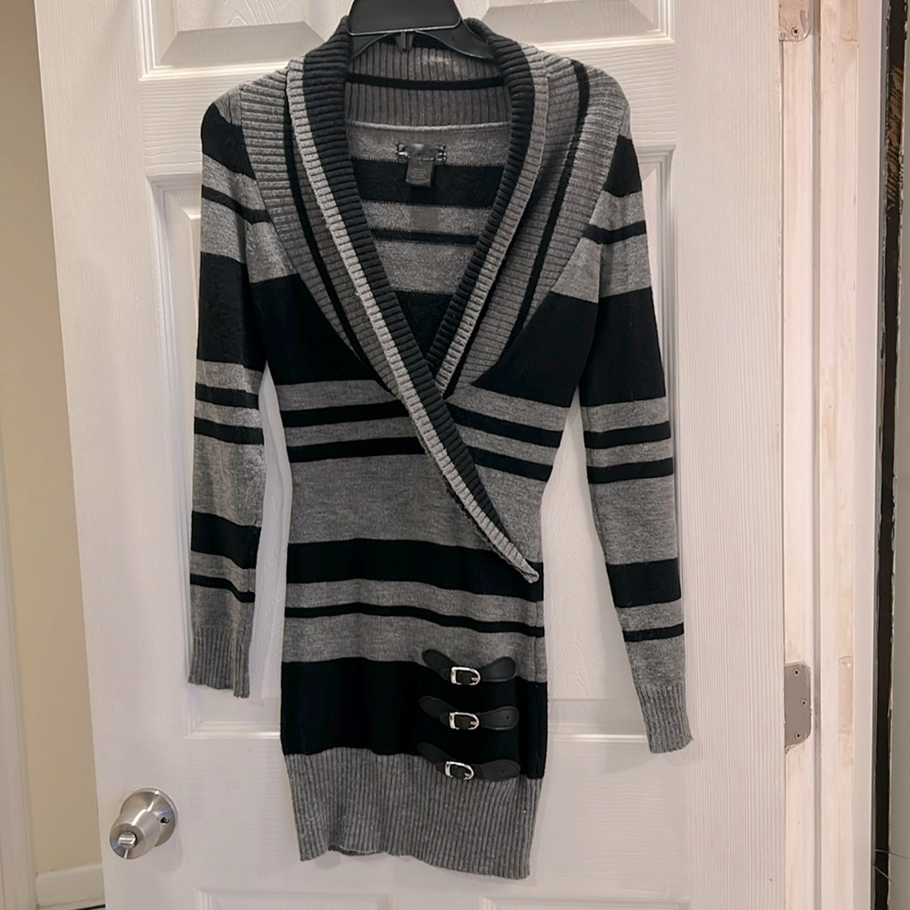 Sexy Black and Gray Long Striped Sweater Dress with Buckles